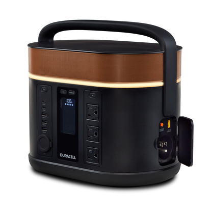 Duracell G800 portable power station shown at an angle with 2 AC Ports (350W each; 2 ports share a total of 350W, 3 USB-A ports (3 ports share a total of 7.2A), 1 USC C Port (100W output)